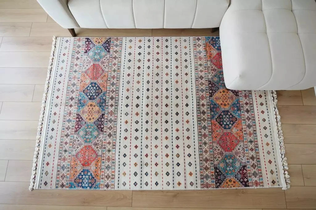Clean modern area rug in living room helping reduce dust and allergy triggers