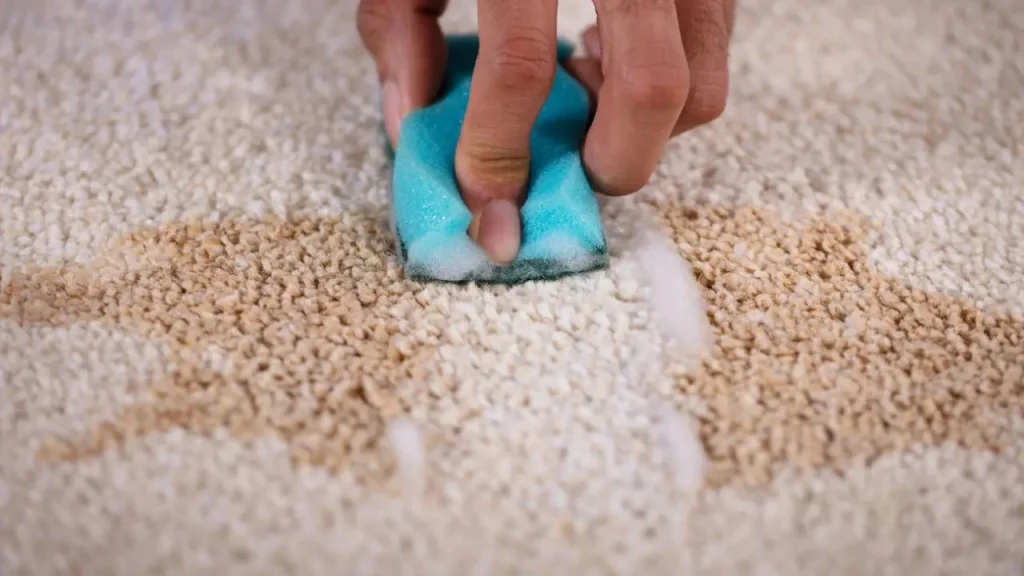 Person using a blue sponge to scrub a stain out of a light-colored carpet.
