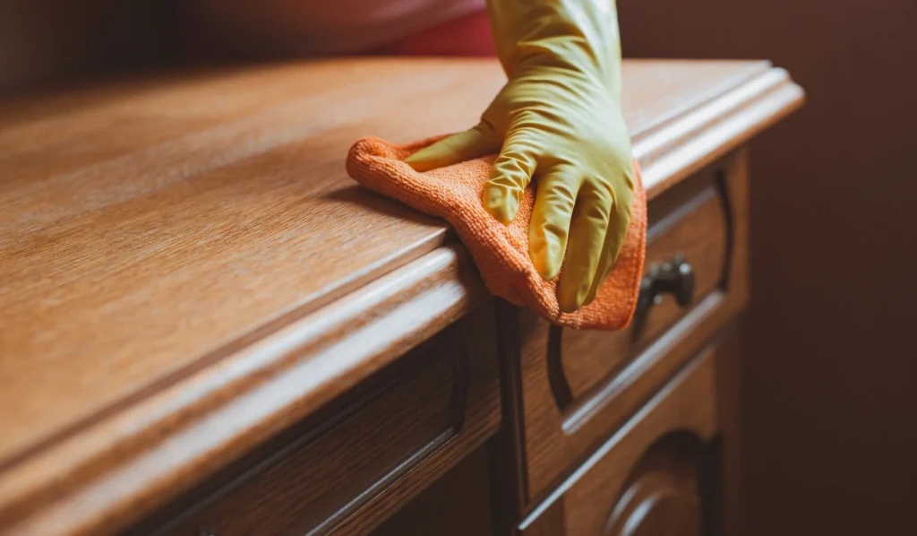 Person wearing gloves wiping a wooden surface with a cloth, demonstrating effective wood cleaning tips for proper furniture care.