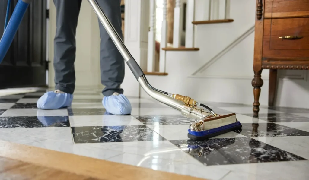 Professional floor cleaning in progress with tile cleaning machine for Vista Tile & Stone Cleaning services.