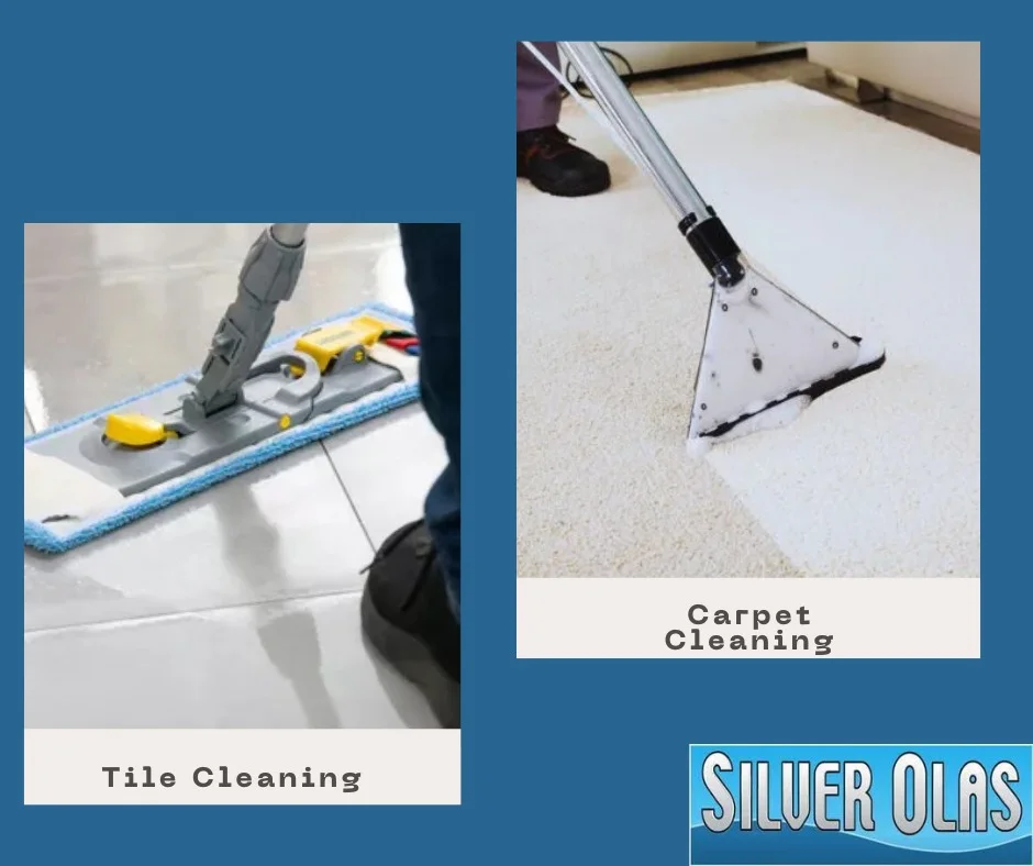 A split image showing professional tile and carpet cleaning in action, promoting the result of Spotless Carpets & Tiles.
