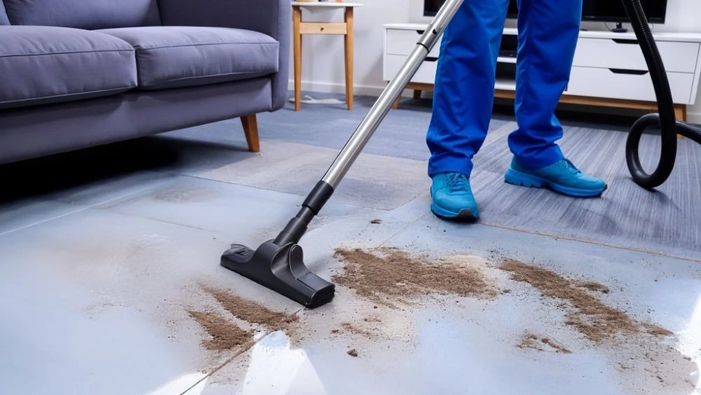 A professional cleaner vacuums dirt and debris from a floor, showing why this carpet needs expert cleaning.