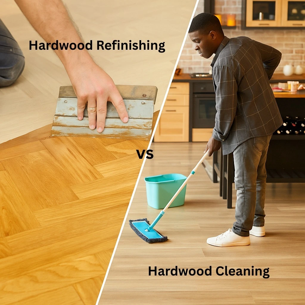 Comparison of hardwood cleaning and refinishing process showing tools and results – Hardwood floor cleaning vs refinishing