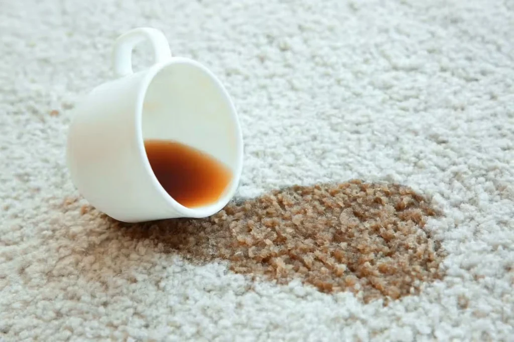 Spilled coffee mug on a white carpet, creating a dark brown stain.