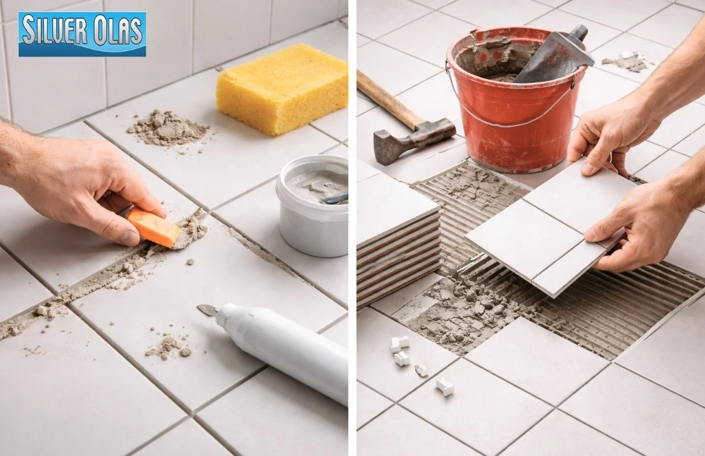 Tile Cleaning vs Replacing Tiles comparison for damaged and freshly cleaned floor tiles