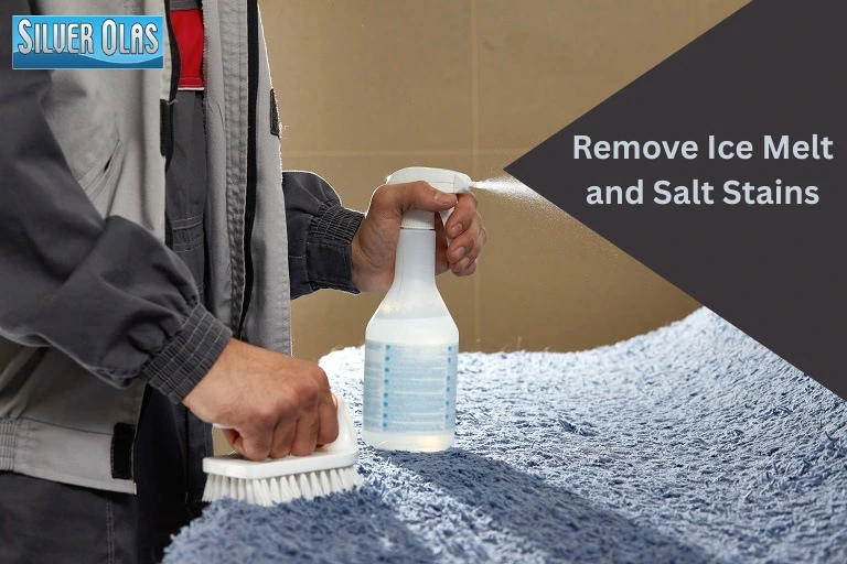 Professional uses spray and brush to remove ice melt and salt stains from a blue carpet.