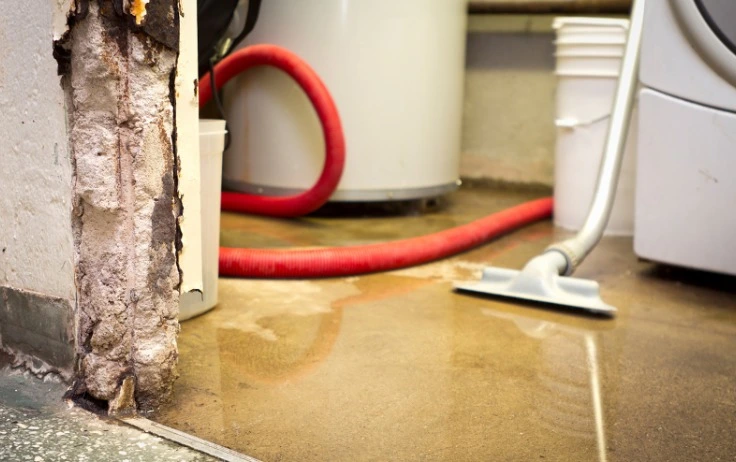 Water damage in a basement showing common flood cleanup mistakes and wet surfaces.