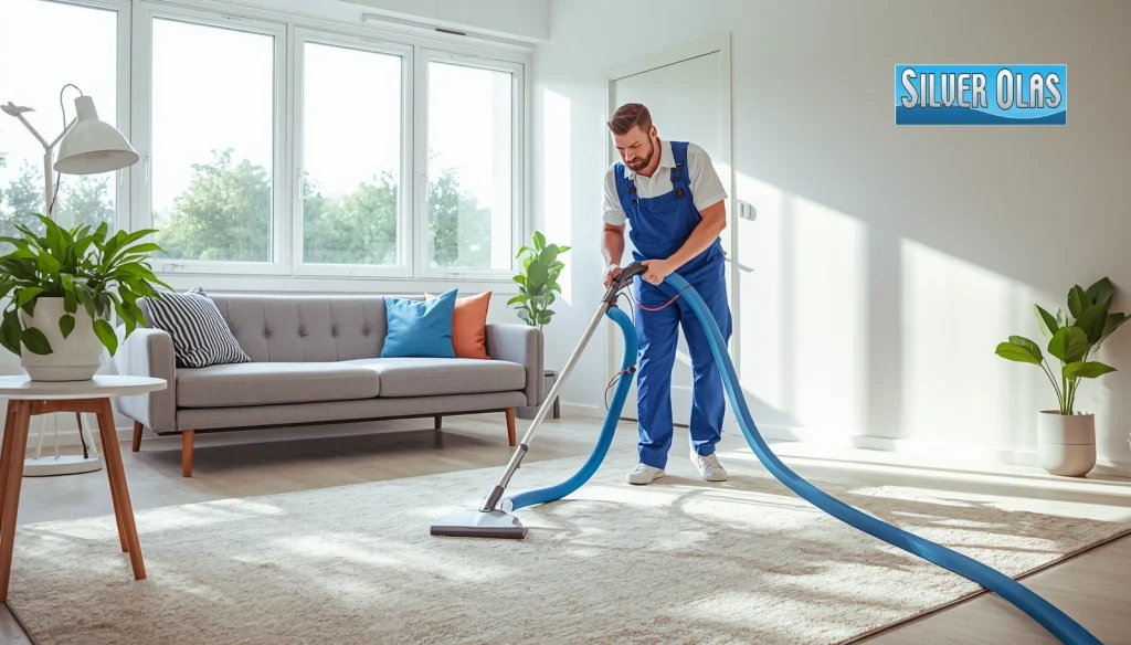 A professional cleaner using a steam machine on a living room carpet.