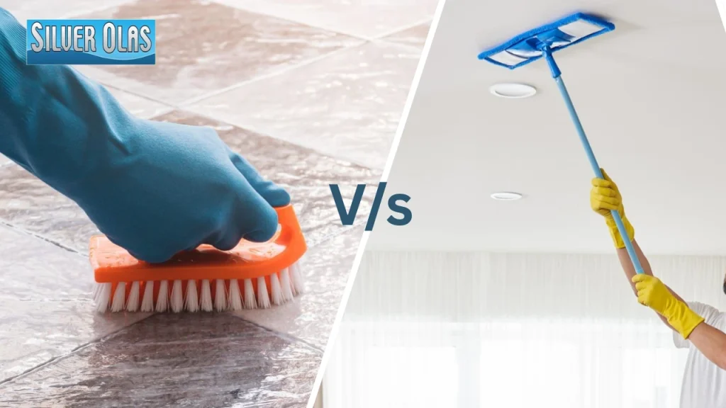 Side-by-side comparison of scrubbing floor tiles and mopping a ceiling.