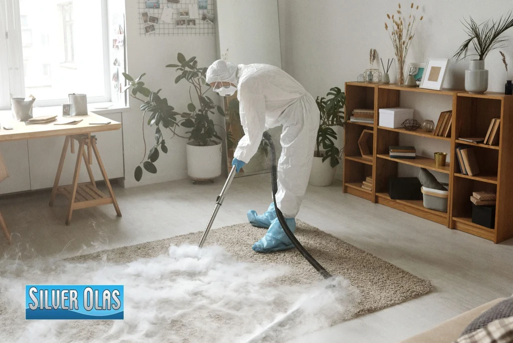 Deep steam process showing How to Get Stains Out of Carpet with equipment.