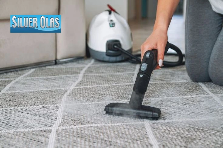 A person using a steam cleaner nozzle to clean a gray patterned rug.