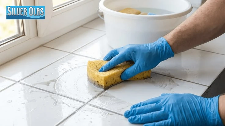 Hands in blue gloves wiping white ceramic tiles with a yellow sponge.