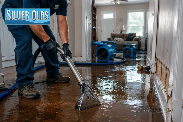 Extracting flooded floor water during a Water Damage Restoration process.