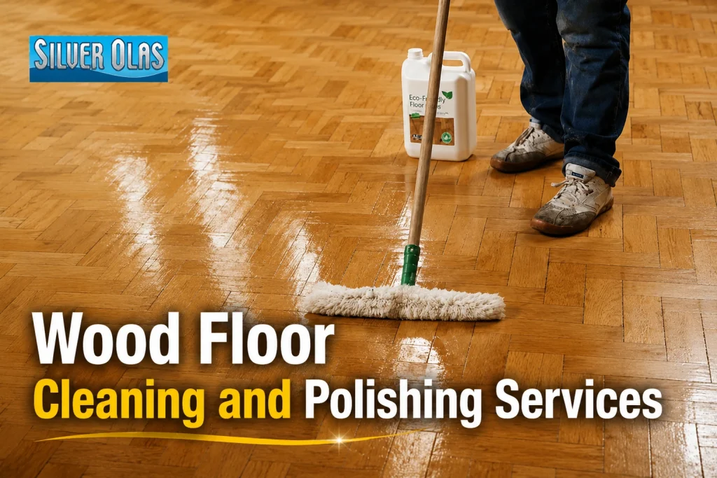 Worker mopping a parquet floor: Wood Floor Cleaning and Polishing Services.