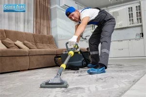 Technician cleaning living room rug using Carpet Cleaning Service in Encinitas gear.