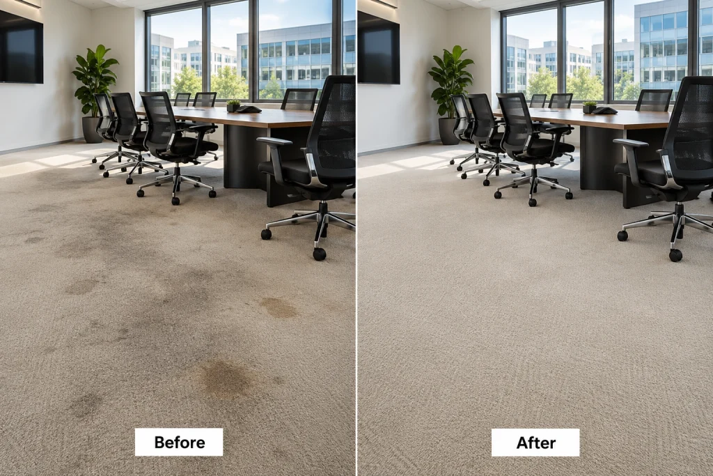 Before and after commercial carpet cleaning showing stained office carpet restored to a clean, fresh appearance.