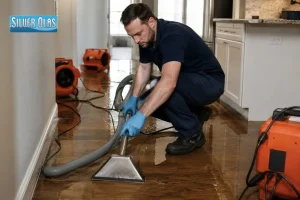 Technician extracting water from wood floor using professional Flood Restoration Services.