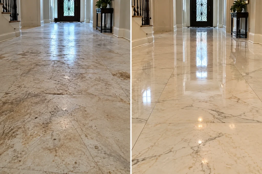 Marble floor restoration before and after, showing improved shine and a polished finish.
