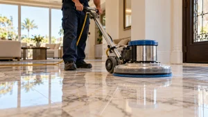 Professional polishing natural stone floor during Marble Restoration in San Diego.