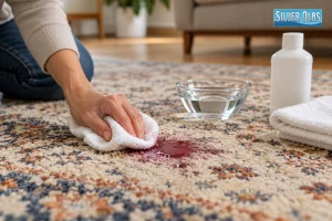 Hand blotting red spill with a white cloth to Remove Stains From a Wool Rug.