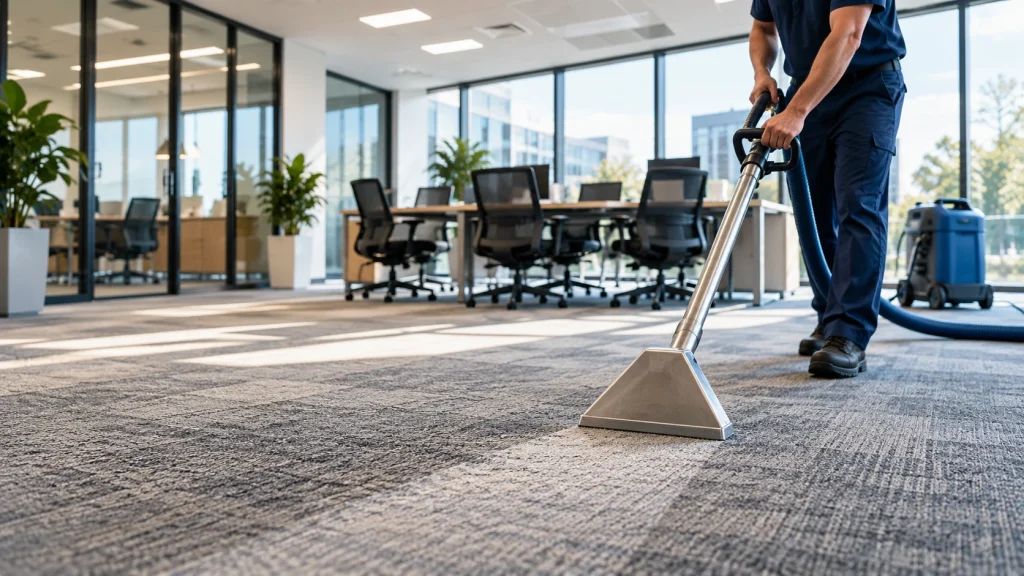 Commercial carpet cleaner cleaning carpet in a professional indoor space
